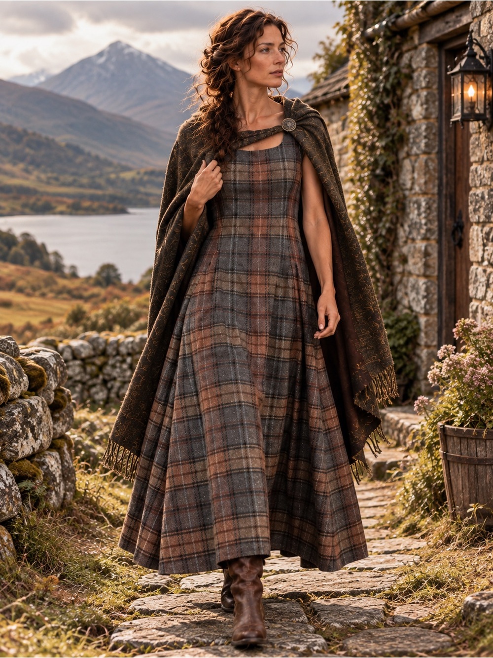 Outlander Claire Wool Plaid Sleeveless A-Line Dress Brown Gray Clan Mackenzie